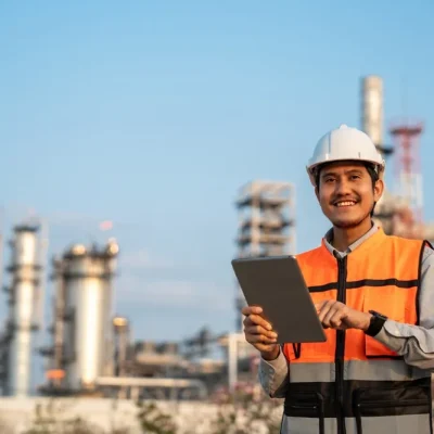 Asian,Engineer,Man,With,Safety,Helmet,Standing,Front,Of,Oil